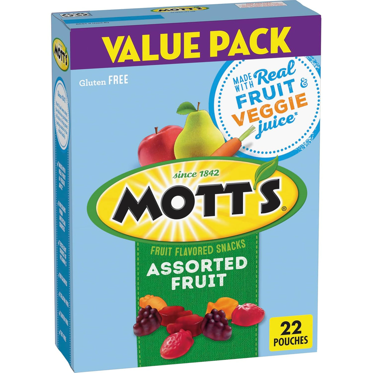 Mott's Assorted Fruit Snacks Family Pack, Gluten Free Gummies, Made with Fruit & Veggie Juice, Good Source of Vitamin C, Gelatin Free, 40 Count Individual Pouches, 32 oz