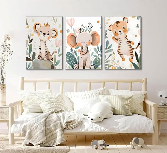 3 Pcs Safari Animals Nursery Canvas Wall Art Jungle Animals Cheetah Elephant