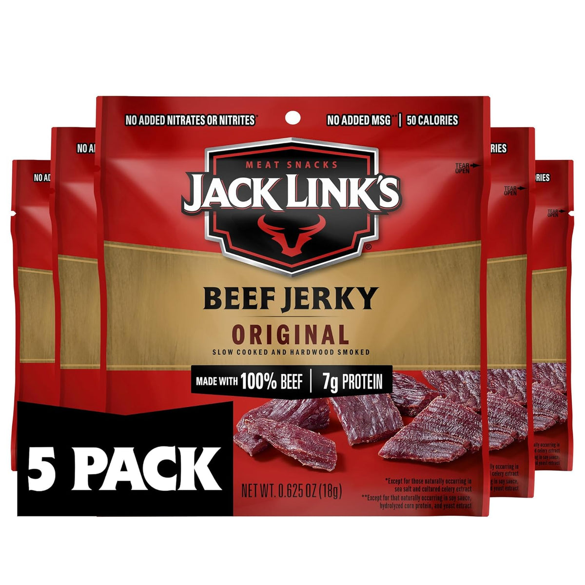 Jack Link's Teriyaki Beef Jerky Multipack - (5 Pack) 0.625 oz Bags - Ready to Eat Real Meat Protein Snacks - 7g Protein per Serving - Made with 100% Real Beef