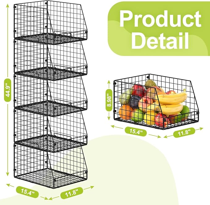 5 Pack XXL Stackable Wire Storage Basket, Extra Large Capacity Pantry Organizer and Storage, Muti-Purpose for Fruit Vegetable Basket & Toy Bin & Snack Organizer