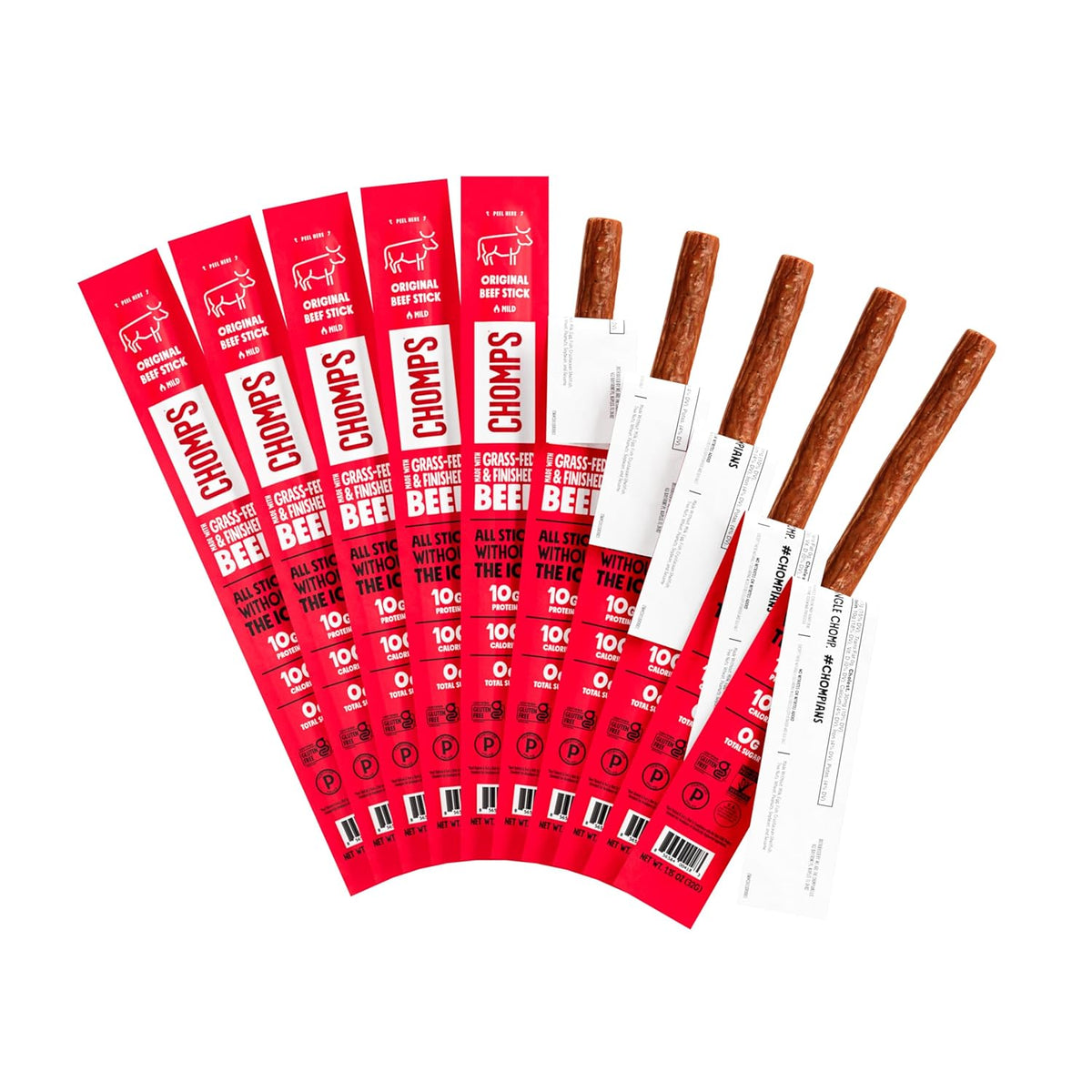 Chomps Grass-Fed and Finished Smoky BBQ Beef Jerky Snack Sticks 10-Pack - Keto, Paleo, Whole30, 10g Lean Meat Protein, Gluten-Free, Zero Sugar Food, Non-GMO