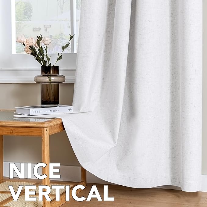 H.VERSAILTEX Linen Curtains 100% Blackout Curtains for Bedroom 84 inch Long Full Light Blocking Nature Linen Blended Window Curtains for Living Room Nickel Grommet (2 Panels, Heathered White)