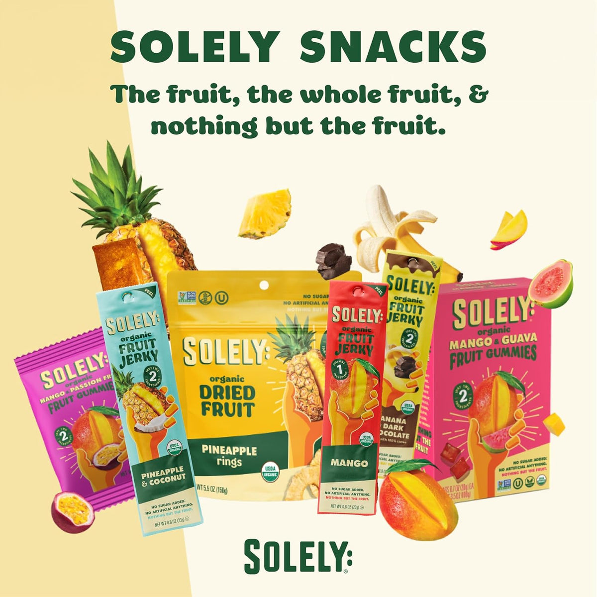 SOLELY - Organic Mango & Strawberry Whole Fruit Gummies (Pack of 1 Box, 5 Bags per Box) - Real Fresh Fruit - Healthy Snacks for Adults & Kids - Non GMO, Vegan Snacks, Shelf Stable - 5 Bags (3.5 oz)