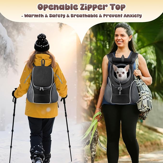 WOYYHO Pet Dog Carrier Backpack with Top and Side Windows, Small Dog Front Backpack Ventilated Dog Back Pack with Safety Belt for Travel Hiking Outdoor Adventures (Size L: 10-14 lbs, Black 2.0)