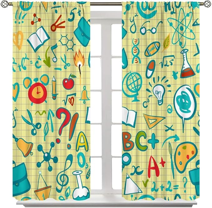 Science Physics Curtains, Abstract Math Chemistry Curtain Scientist Graffiti Print Window Treatments for Kids Teens Bedroom Living Room Set 2 Panels,84x84 Inches