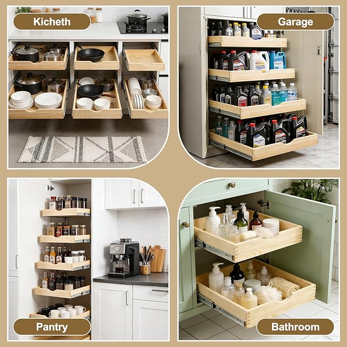 26" Pull Out Cabinet Drawer (Fits 27" Cabinet Opening), Wood Slide Out Cabinet Shelf Organizer with Ball Bearing Slides, Clear Lacquer Finish, Heavy Duty Kitchen Cabinet Pull Out Shelves