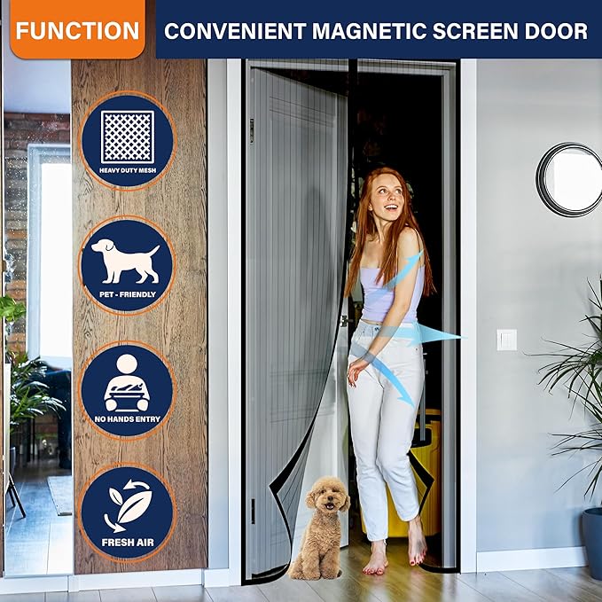 Magnetic Screen Door, Fit Door Size 35 x 80 Inches, Screen Doors with Magnets, Pet & Kid Friendly,Works with Front Doors, Sliding Doors Black