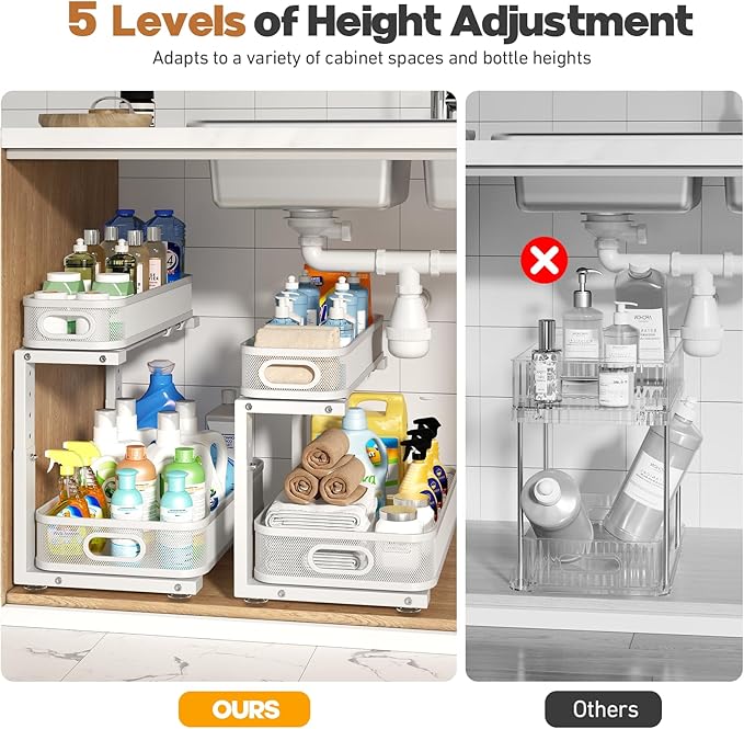 2 Pack 17.3IN-Depth Under Sink Organizer with Smooth Cylindrical Rail,2-Tier Pull Out Multi-Purpose Cabinet Storage for Bathroom&Kitchen,Height Adjustable,Rust-Resistant Coating-White