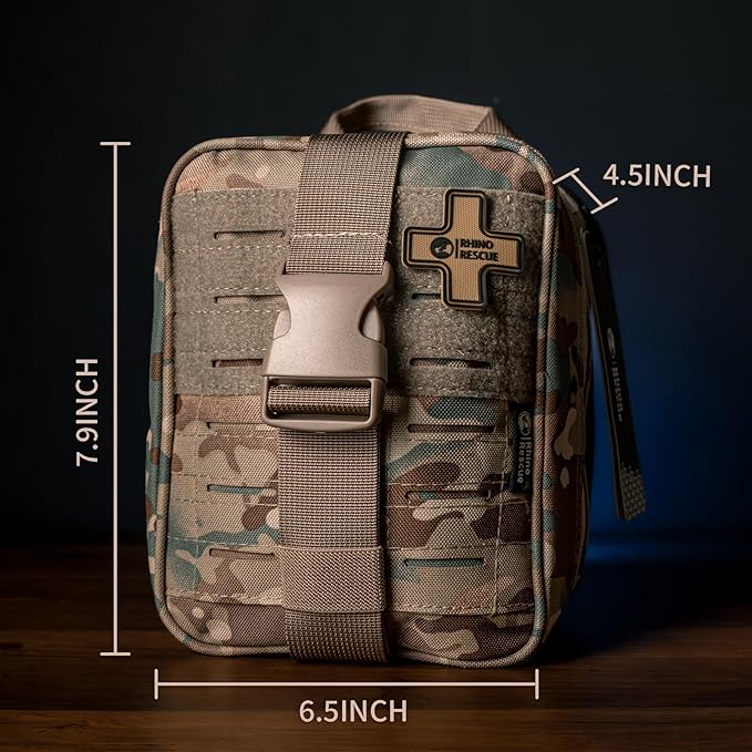 RHINO RESCUE IFAK Trauma Kit with Tourniquet, Tactical First Aid Kit Molle Pouch for Military, Combat, Car, Camping, Hiking, Travel, FSA HSA Eligible (Coyote Brown)