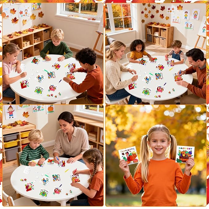 Fall Thanksgiving Crafts for Kids, Autumn Activity Art DIY Kit Blank Puzzle | 24 Set Thanksgiving Jigsaw Pumpkin Turkey for Friendsgiving Party Favors Classroom Gift Coloring Game Toy Supplies Bulk