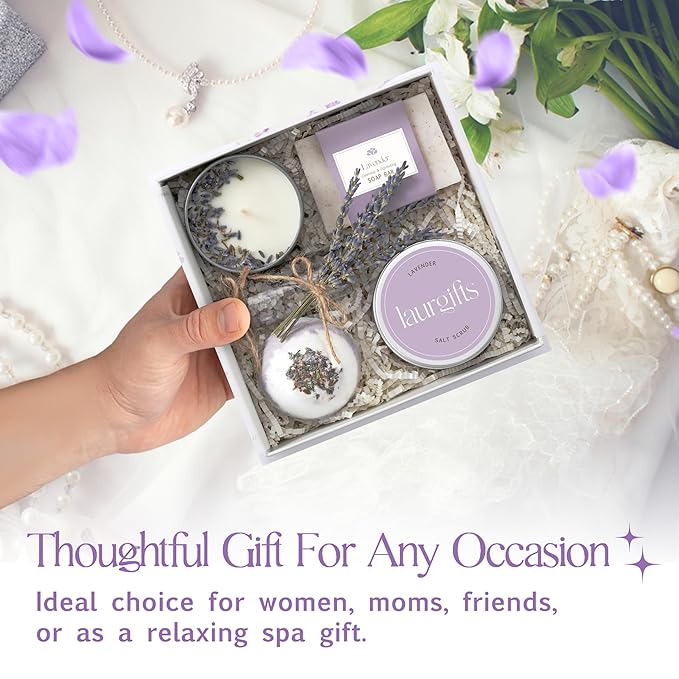 Lavender Small Spa Gift Box for Women – Relaxing Self Care Set with Candle, Bath Bomb, Soap & Scrub – Birthday, Thank You, Christmas, Housewarming, Bridal Shower, Get Well Soon Gift Basket for Her