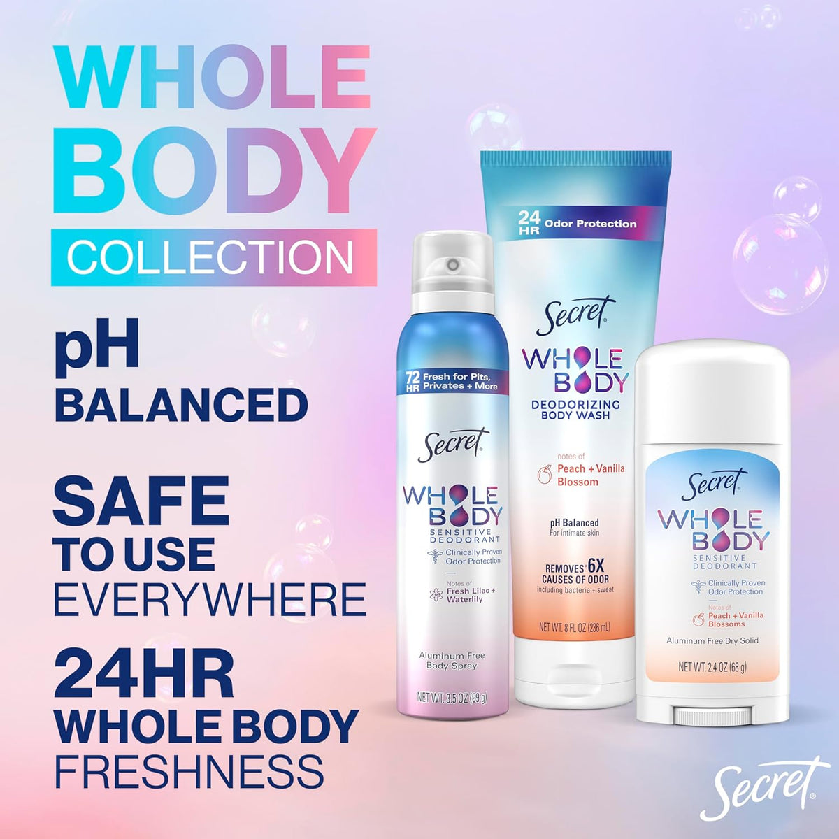 Secret Whole Body Deodorant Spray for Women, Lilac & Waterlily Scent, Aluminum Free Deodorant Spray, 72 HR Odor Protection, 3.5 oz