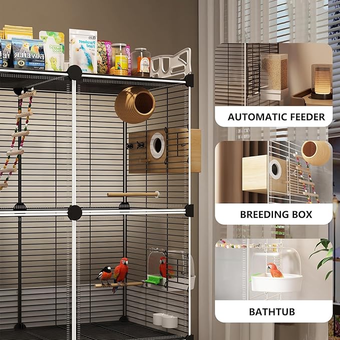 Large Parrot Cage with Acrylic Doors, 4 Casters, Perch & Feeder, Detachable Drawer, Ideal for Cockatiels, Budgies, Conures, Indoor/Outdoor Use – Spacious White Birdcage(Black,36 * 36 * 106)