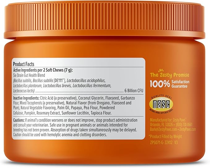 Zesty Paws Probiotics for Dogs, Digestive Enzymes Gut Flora, Digestive Health, Diarrhea & Bowel Support, DE111, Dog Probiotics Soft Chew for Pet Immune System, Chicken, 90 Ct