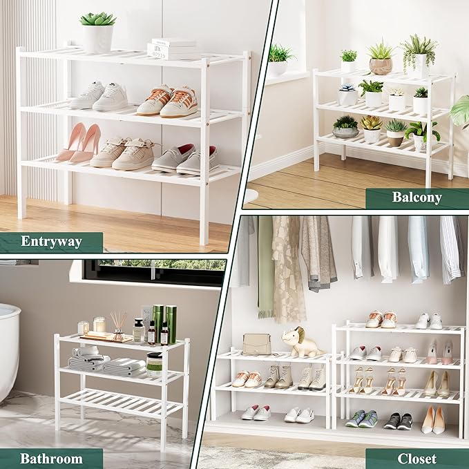 Smiry Bamboo Shoe Rack, 5 Tier Free Standing Wooden Shoe Organizer, Stackable Wood Shoe Storage Shelf for Closet, Entryway, 12 Vertical Slats, 2+2+1 Stack Standard Legs, 26.8"x11"x32.5", White