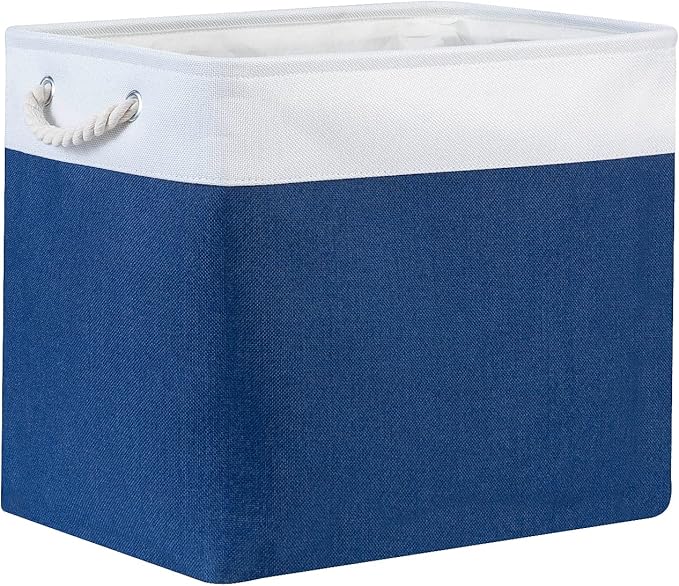 Bidtakay Large Canvas Organization Bins Set of 2 Navy Blue Rectangular Baskets 17x12x15 in for Blankets, Clothes, Towels, Dog Toys Storage