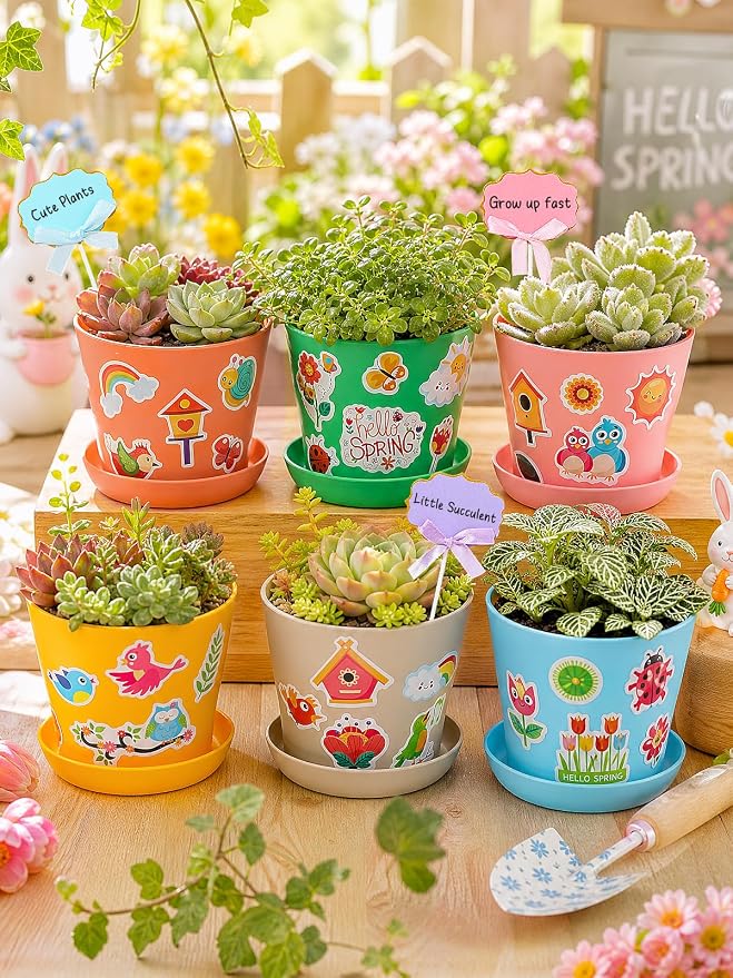 Cosweet 24Pack Durable Resin Garden Plant Pots Kit for Kids Crafts 4+ Years | School Activities Growing Kit, with Stickers & Blank Labels, Colorful Flower Pots, Spring Crafts, for Classroom Home DIY Gift