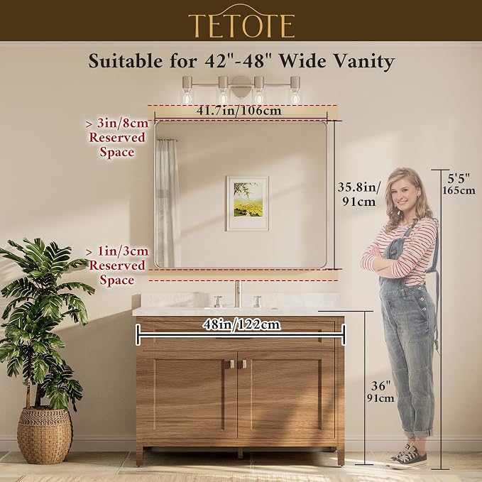 TETOTE Brushed Nickel Bathroom Mirror 42 x 36 Inch