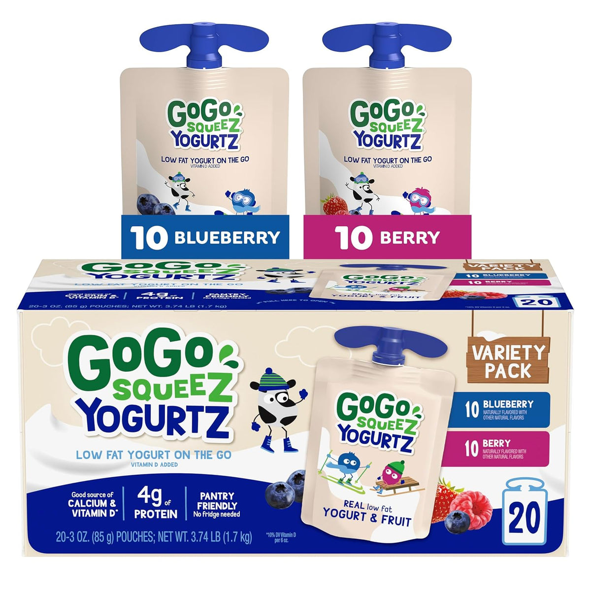 GoGo squeeZ yogurtZ Variety Pack, Strawberry & Banana, 3 oz (Pack of 20), Kids Snacks Made from Real Yogurt and Fruit, No Fridge Needed, Gluten Free, Nut Free, Recloseable Cap, BPA Free Pouches