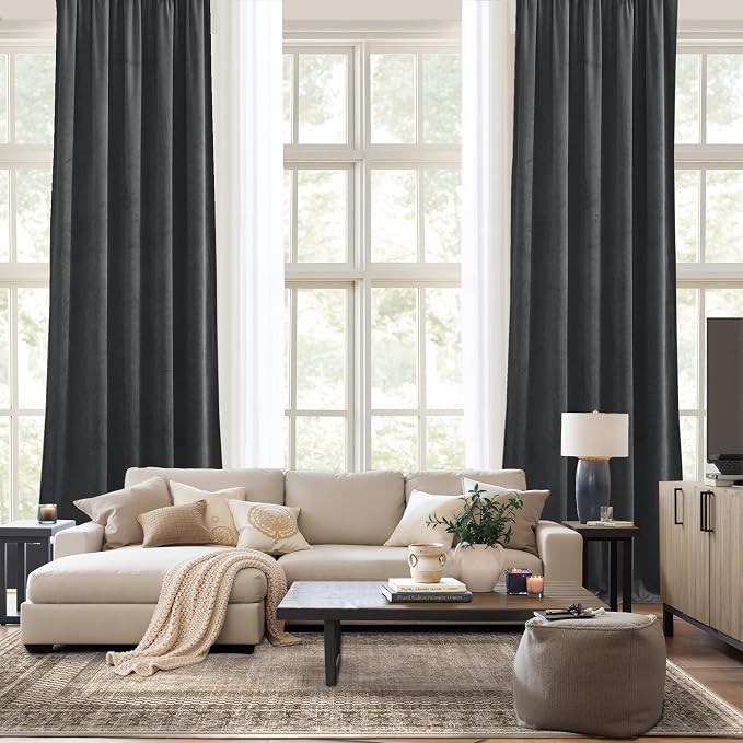 NICETOWN Living Room Grey Velvet Curtains, Sound and Sunlight Reducing Heavy