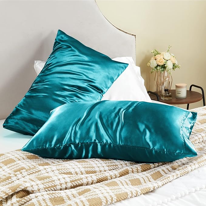 BEDELITE Satin Pillowcase for Hair and Skin, Super Soft and Cooling Similar to Silk Pillow Cases 2 Pack with Envelope Closure, Gift for Women Men(20"x36" King Size, Teal)