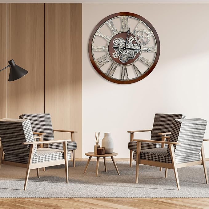 The B-Style Large Real Moving Gears Wall Clock 30 inch Rustic Retro Industrial