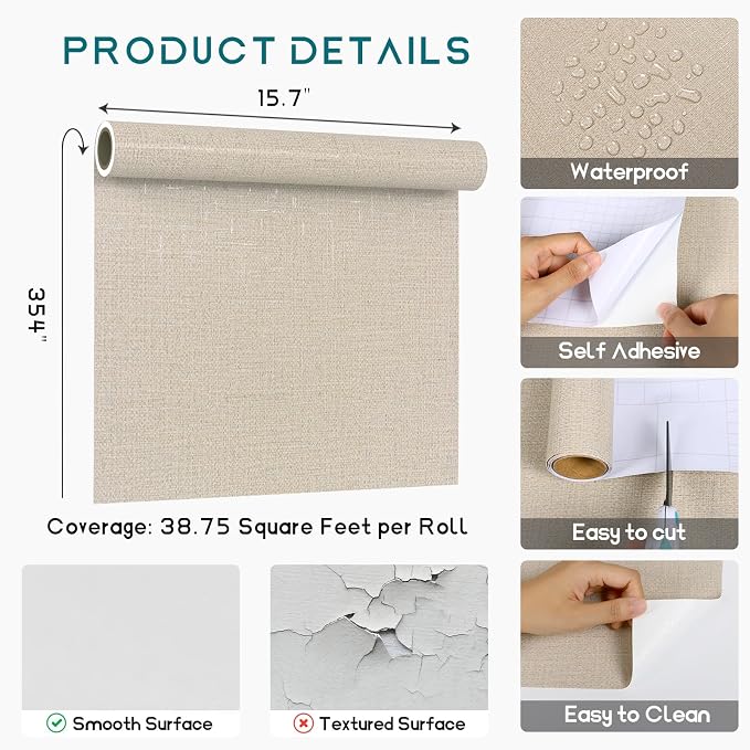 VEELIKE Beige Grasscloth Peel and Stick Wallpaper Textured Grass Woven