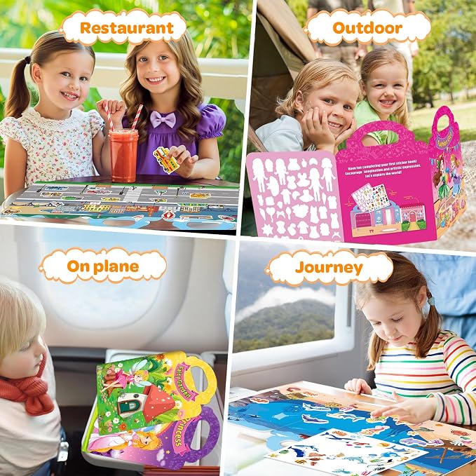 Reusable Sticker Books for Toddlers 1-3 Girls, 2 Pack Jelly Sticker Book with Princess and Fashion Girl, Dress Up Sticker Activity Travel Toys for Girls 2-4, Birthday Gifts Holiday Stocking Stuffers