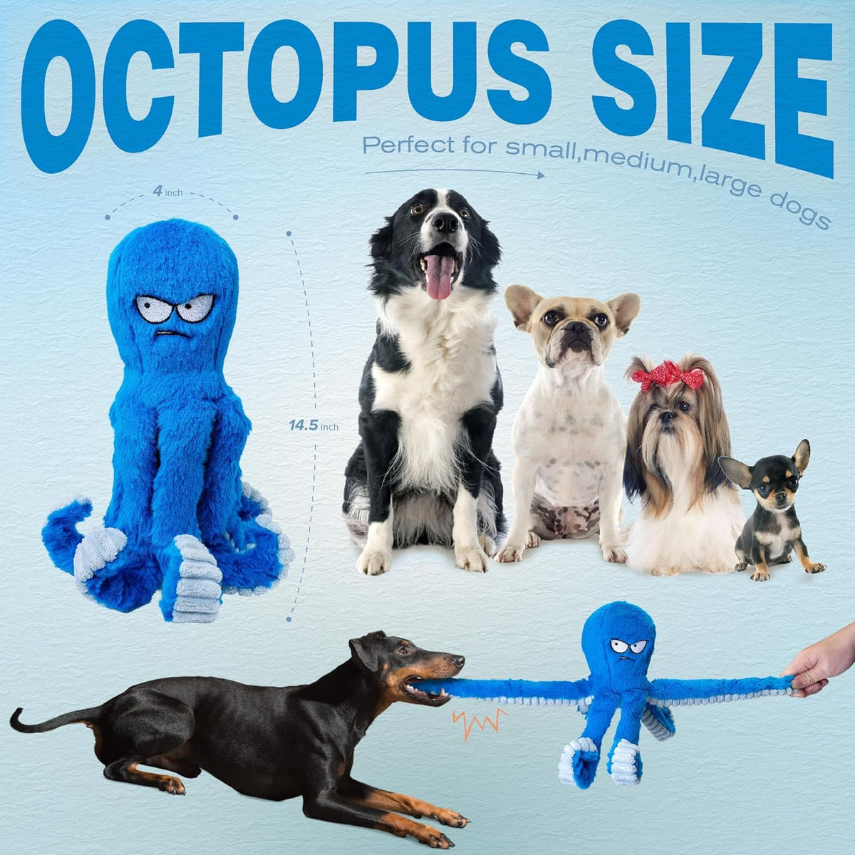 LEGEND SANDY Tough Dog Toys, Stuffed Chew Large Dog Toys to Keep Them Busy, Interactive Squeaky Tug of War Doggie Toy, Crinkle Blue Octopus