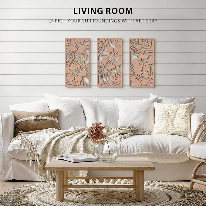VIYYIEA Boho Solid Wood Carved Wall Art Set of 3, Geometric Minimalist Wooden