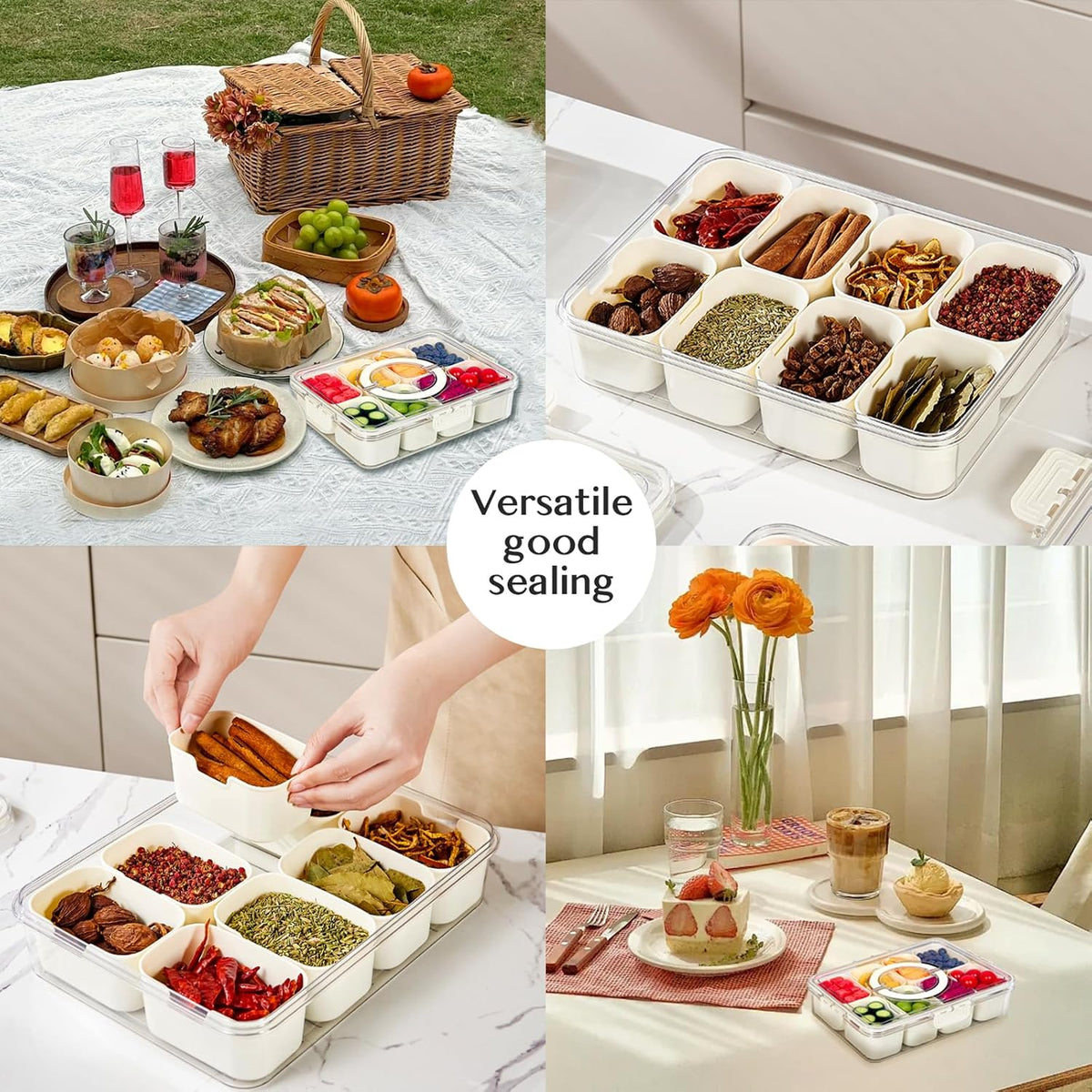 Snackle Box Container,Portable Snack Box 8 Compartment Divided Serving Tray with Lid and Handle,Clear Storage Organizer for Fruit Candy Nuts Veggie-Perfect for Road Travel Party(1 Pack)