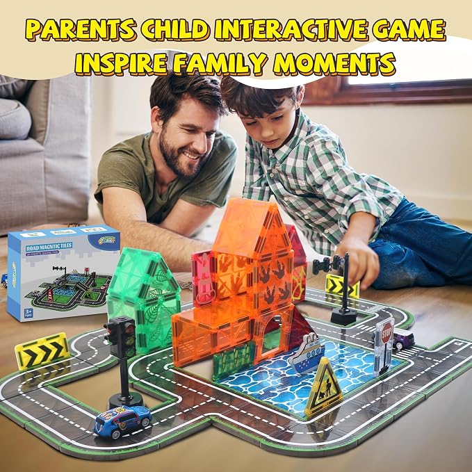 Magnetic Tiles for Kids Ages 4-8, Road Set with Traffic Light Boy Stem Toys | Traffic City Center Expansion Set, Pullback Car, Ship, Race Track, Preschool Building Blocks Toy, Gifts for 4+year old