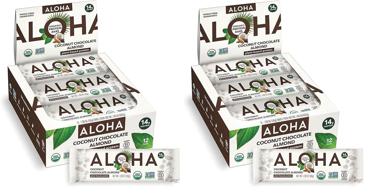 ALOHA Organic Plant Based Protein Bars, Coconut Chocolate Almond, 1.98-Ounce Bars (Pack of 12)