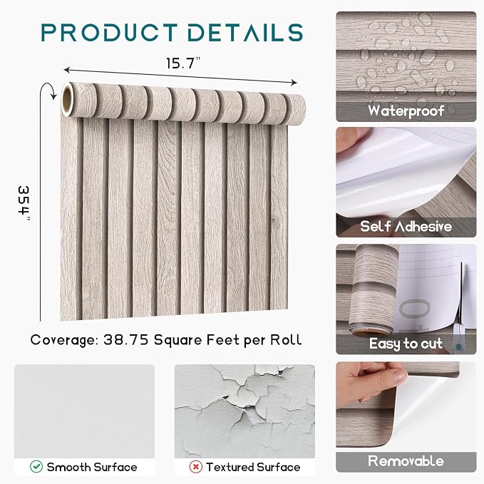 VEELIKE Grey Wooden Slats Peel and Stick Wallpaper Wood Contact Paper