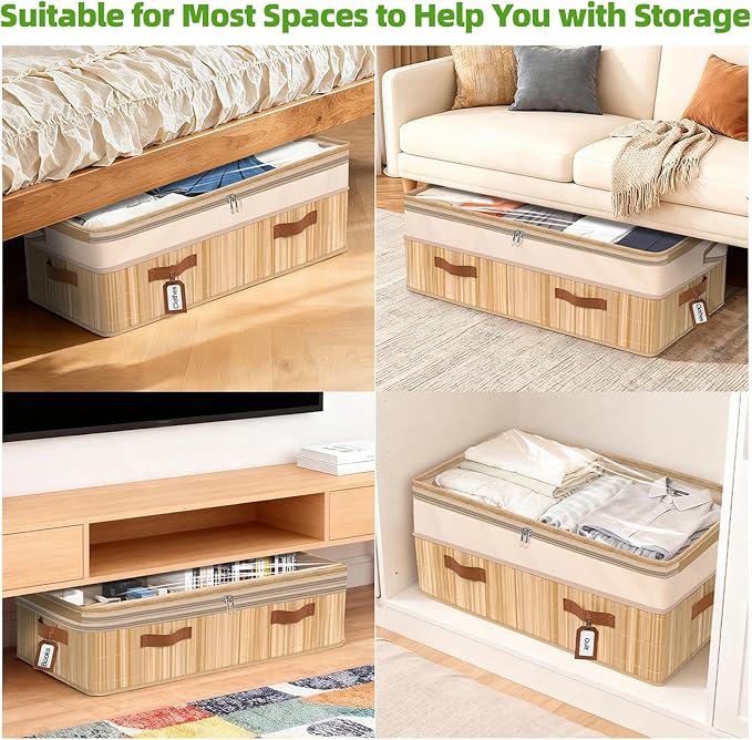 Livole 2 Pack Bamboo Under Bed Storage, 6-10 inches Height Adjustable Underbed Storage Containers, 92L XXXL Large Under Bed Storage Bins with Clear Lid & Label for Clothes, Blankets, Sweater, Shoes