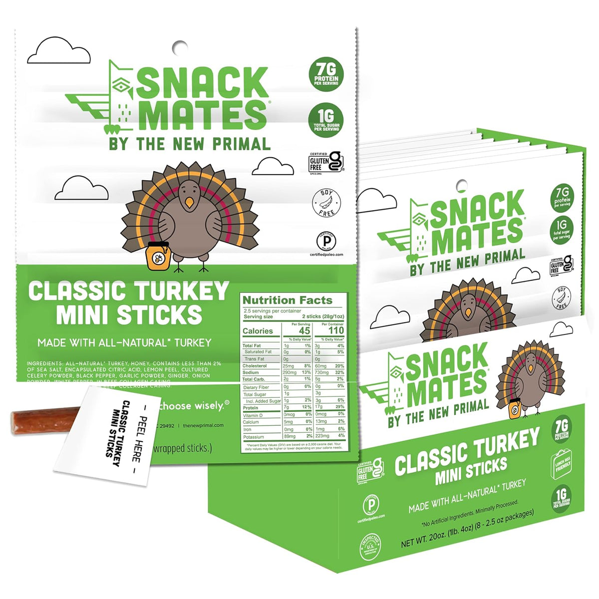 Snack Mates by The New Primal, Turkey Stick, All-Natural Turkey, High Protein and Low Sugar Kids Snack, Certified Paleo, Certified Gluten-Free, Lunchbox Friendly, 0.5 oz, Pack of 5