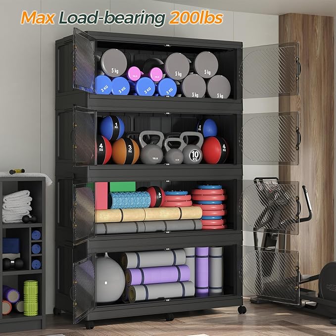 320Gal/1280QT 4-Tiers Extra Large Stackable Storage Bins with Lid, Collapsible Cabinet Closet Organizer Plastic Container Box with Wheels Doors Drawers for Office Dorm Kitchen, Black