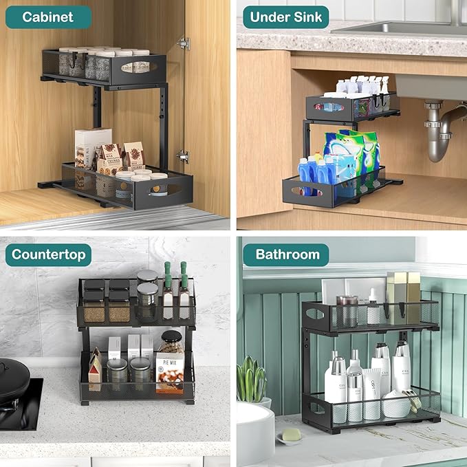 Housolution 2 Pack Under Sink Organizer, 2 Tier Metal Pull Out Under Sink Storage with Sliding Mesh Drawers, Height Adjustable Slide Out Under Sink Organizer for Kitchen Bathroom Cabinet, Black