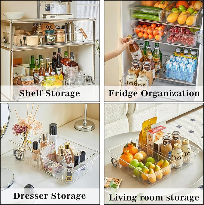 MANO 2 Pack Divided Rolling Refrigerator Tray Clear Roll Out Fridge Caddy Organizer with Wheels for Veggie Pantry Snackle Box Under Sink Bathroom Organizer and Storage Bins