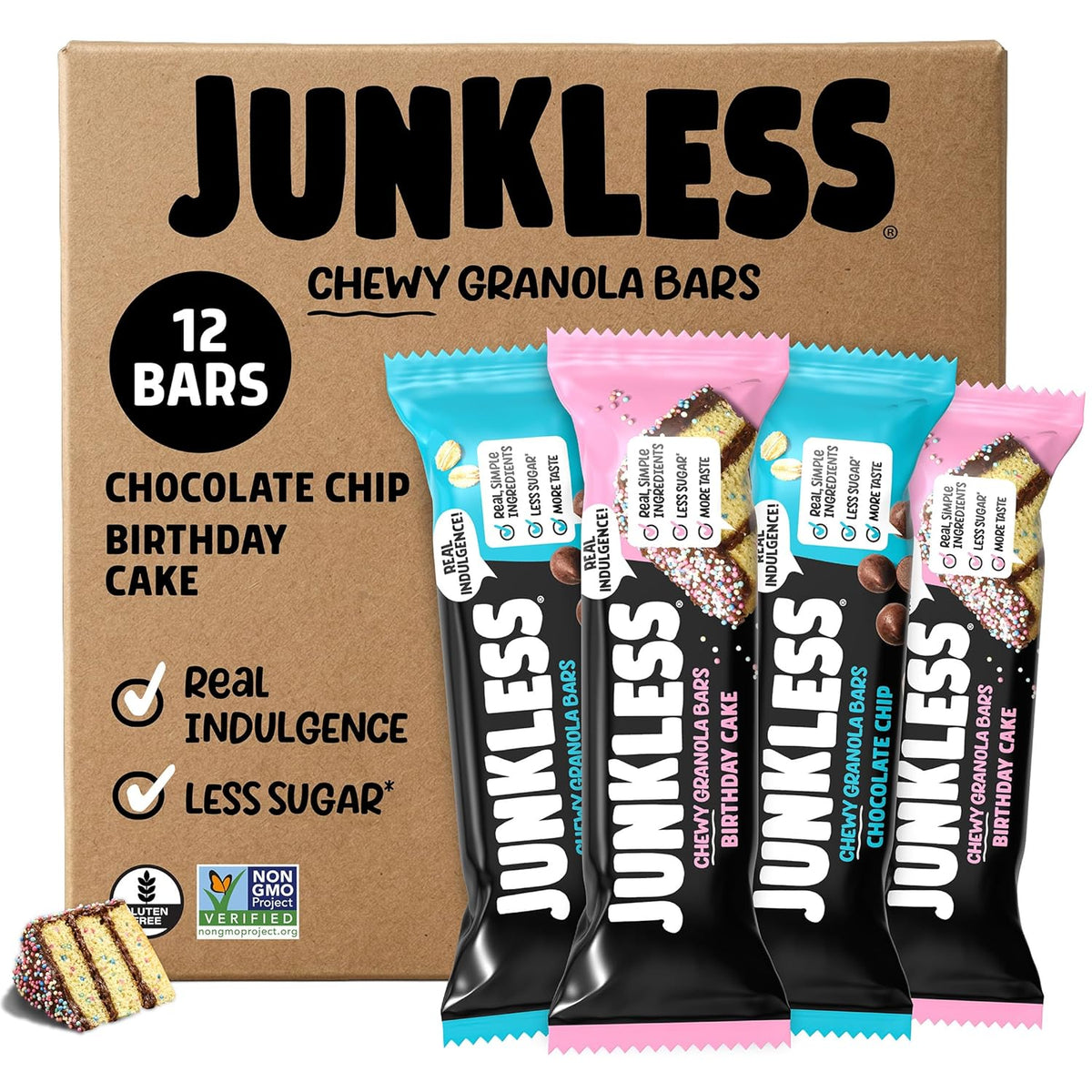 JUNKLESS Classic Chewy Granola Bars - Bulk Variety Pack, Gluten-Free, Non-GMO, Lower Sugar, Healthy Snacks for Kids & Adults, 4 Boxes (24 Bars)