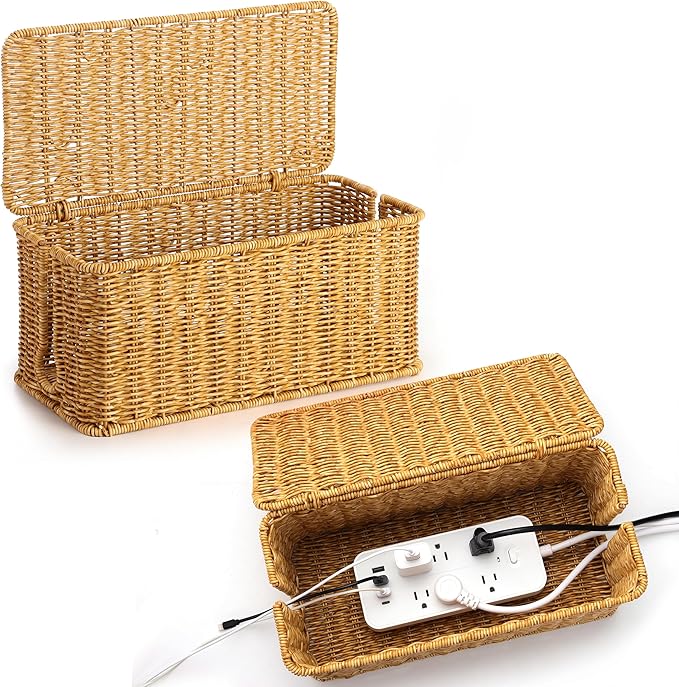 2Pack Large Cable Management Box, Handwoven Imitation Rattan Cord Organizer Cord Hider Box, Desk Wire Management to Hide Cords and Power Strips, Natural
