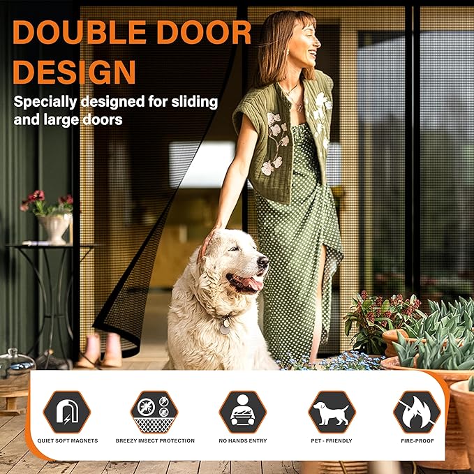 Double Door Fiberglass Magnetic Screen Door,Screen Door Mesh,Keep Bugs Out, Heavy-Duty Mesh Curtain,Pet and Kid Friendly, Works with Front Doors, Sliding Doors(74x80 Inch