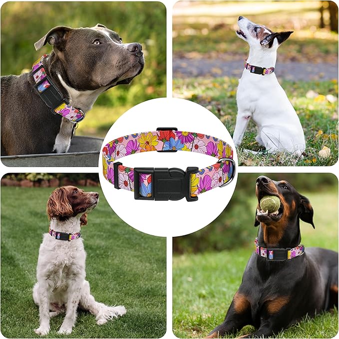 Dog Collar, Pink Floral Boys Girls Puppy Collar for Small Medium Large Dogs, Adjustable Soft Floral Pet Collar with Safety Buckle for Male Females(Pink Floral, M)
