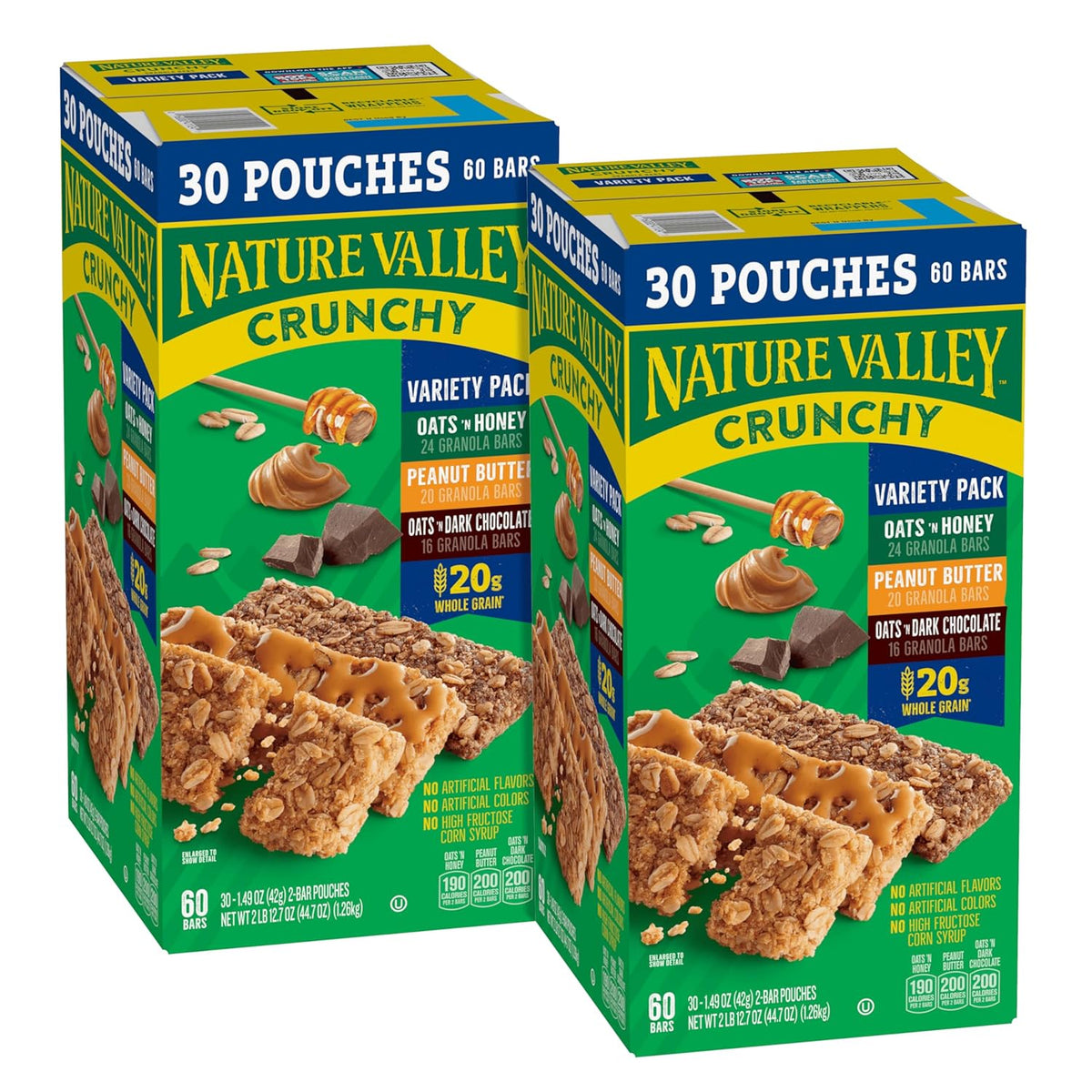 Nature Valley Crunchy Granola Bars, Oats & Honey, Peanut Butter, Oats & Dark Chocolate, Gluten Free, Value Pack, 60 Bars, 44.7 OZ (30 Pouches)