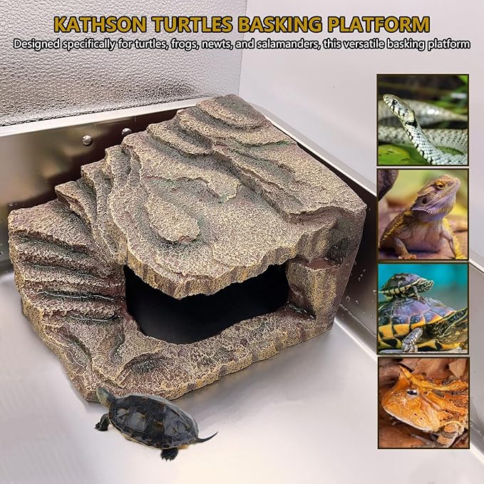kathson Turtles Basking Platform Tortoise Resting Terrace Climbing Ramp Resin Dock Tank Decorations Reptile Hiding Cave Hideouts for Aquatic Turtles, Frog, Newts and Salamanders,Large