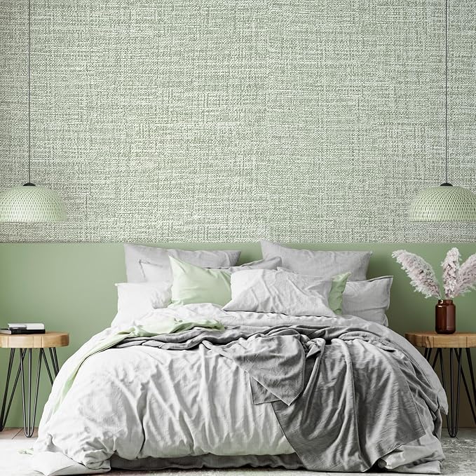 Green Grasscloth Wallpaper 17.3"x160" Faux Linen Textured Contact Paper