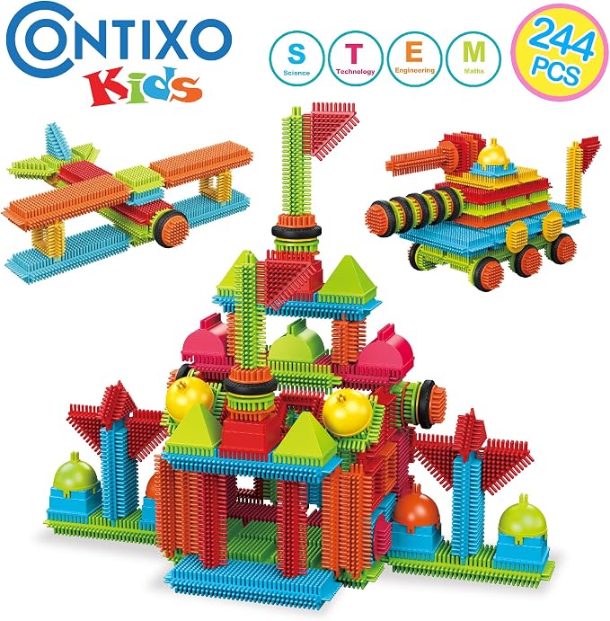 Contixo 244 pcs Bristle Shape 3D STEM Building Toys, Construction Learning Stacking Educational Block, Creativity Beyond Imagination, Inspirational, Safe & Durable, Recreational Toy for Kids Ages 3-8