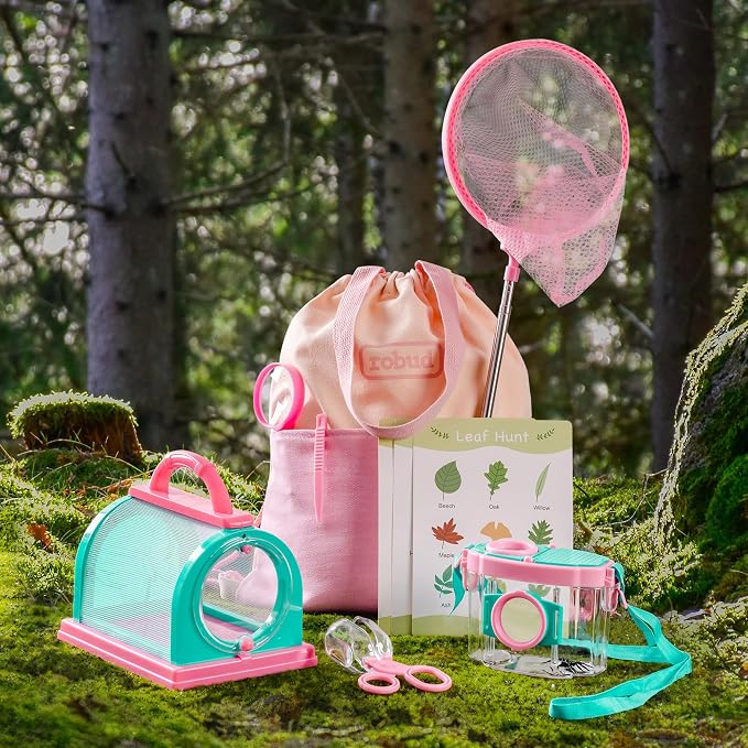 ROBOTIME Kids Explorer Kit & Bug Catcher Kit for Kids, 10PCS Outdoor Bug Catching Kit with Magnifying Glass & Net, Adventure Set for Backyard & Camping, Fun Gift for Girls 3-12 (Pink)