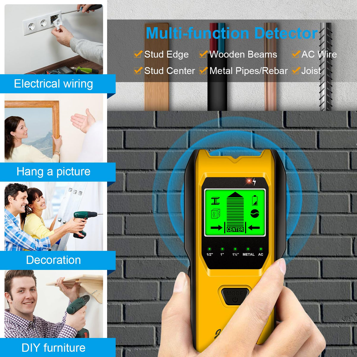 Jurgen K Stud Finder Wall Scanner - 5 in 1 with HD LCD Display (Lemon)