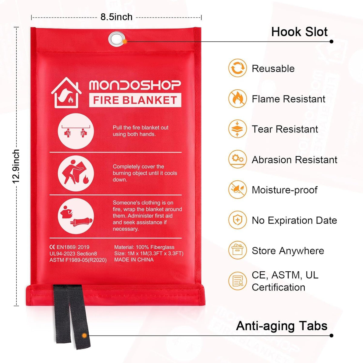 Mondoshop Fire Blanket Emergency for Home & Kitchen – 40x40 in Fire Retardant Blanket